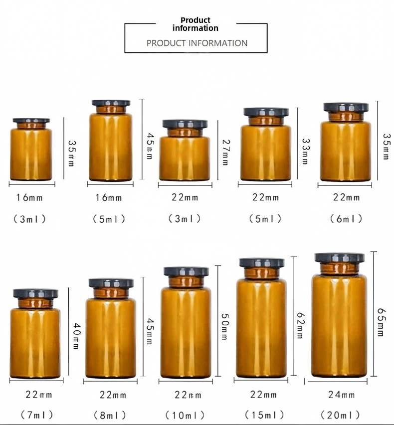Amber vial size chart from 3ml to 20ml — 5 vial dimensions for 7 compartment peptide storage box